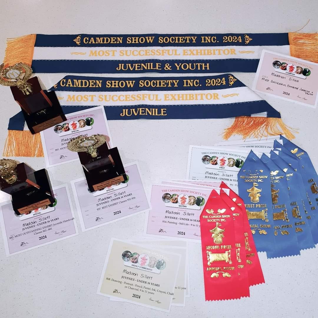 Camden Show 2024 winning sashes, multiple certificates and ribbons won by Madison Sillett at the Camden Show 2024